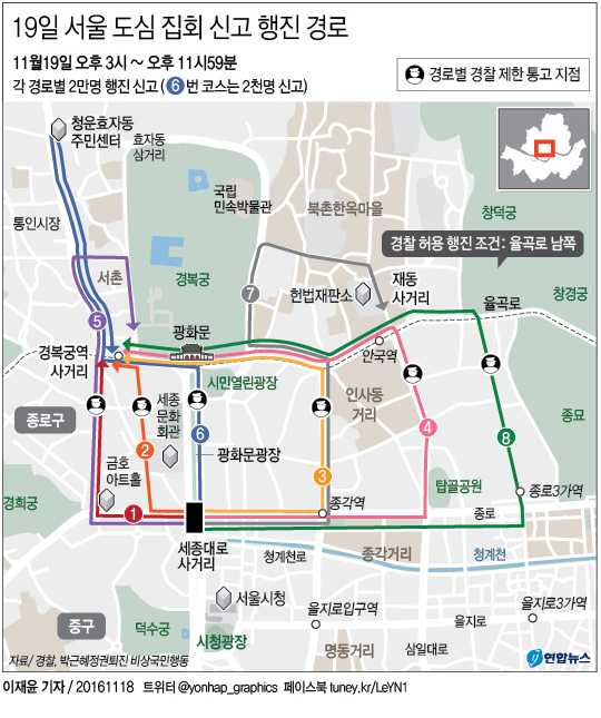 <그래픽> 19일 서울 도심 집회 신고 행진 경로