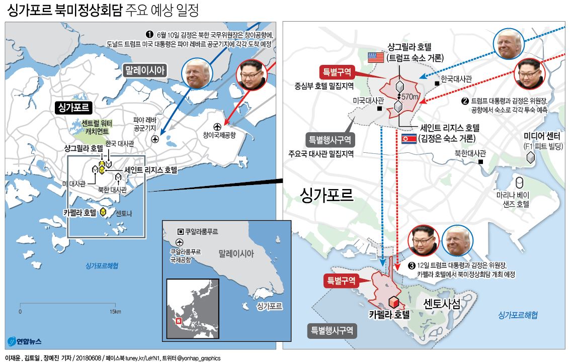 트럼프·김정은, 정상회담 이틀 앞둔 10일 싱가포르 도착할 듯(종합) - 1