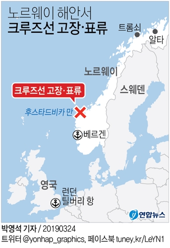 노르웨이 해안서 1천300명 탄 크루즈선 고장·표류…구조 난항(종합2보) - 2