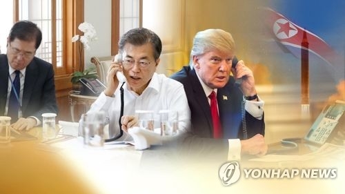 This image, provided by Yonhap News TV, shows South Korean President Moon Jae-in and U.S. President Donald Trump. (Yonhap)