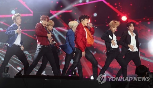 In this file photo, South Korean boy group BTS performs during the 32nd Golden Disk Awards in Goyang, northwest of Seoul, on Jan. 11, 2018. (Yonhap)