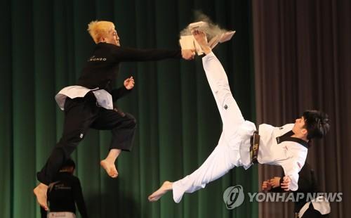 In this file photo, taken April 2, 2018, South Korean taekwondo practitioners perform at Pyongyang Grand Theatre in Pyongyang. (Yonhap)