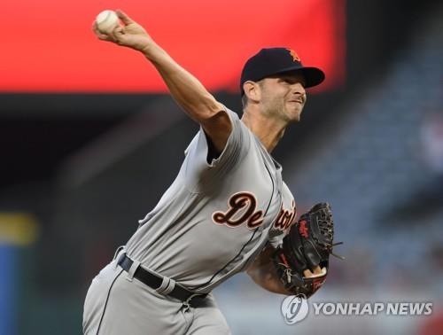 In this Getty Images file photo from Aug. 7, 2017, Jacob Turner, then with the Detroit Tigers, pitches against the Los Angeles Angels in the bottom of the first inning of a Major League Baseball regular season game at Angel Stadium In Anaheim, California. Turner is now pitching for the Kia Tigers in the Korea Baseball Organization. (Yonhap)