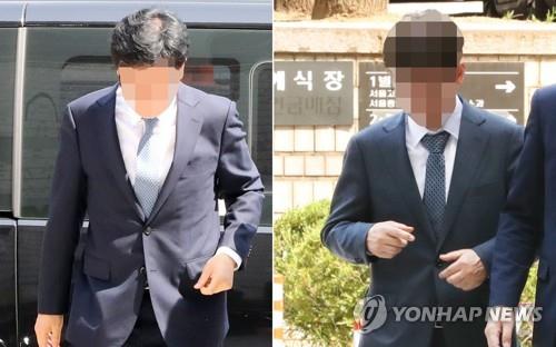 Two senior executive vice presidents of Samsung Electronics, surnamed Ahn (L) and Lee, respectively, arrive at the Seoul Central District Court on June 4, 2019, to attend their arrest warrant hearing. (Yonhap)
