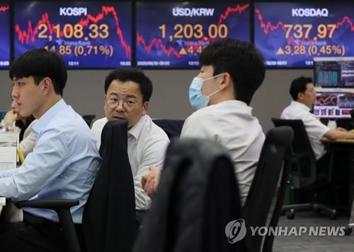 Electronic signboards at a Hana Bank dealing room in Seoul show the benchmark Korea Composite Stock Price Index (KOSPI) closed at 2,108.33 on June 30, 2020, up 14.85 points, or 0.71 percent, from the previous session's close. (Yonhap)