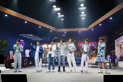 This photo, provided by Big Hit Entertainment, shows a scene from K-pop band BTS' online concert "Bang Bang Con: The Live," held June 14, 2020. The event drew around 756,000 viewers across the globe, according to the company. (PHOTO NOT FOR SALE) (Yonhap)