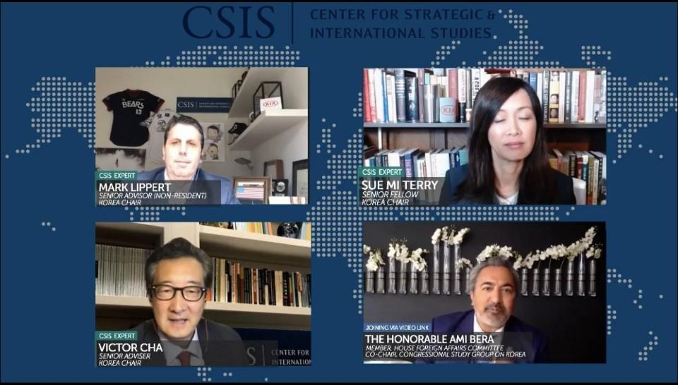 The captured image from the website of the Center for Strategic and International Studies (CSIS) shows the participants at a webinar held Sept. 24, 2020. They are (from top L, clockwise) Mark Lippert, former U.S. ambassador to South Korea, Sue Mi Terry, CSIS fellow and former CIS official, Rep. Ami Bera (D, CA-7) and Victor Cha, Korea chair at CSIS and former director for Asian affairs at the White House's National Security Council. (Yonhap)