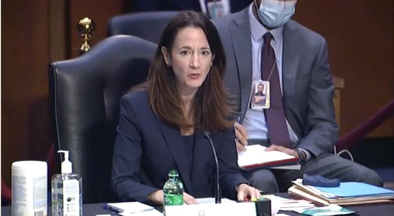 The captured image from the website of the Senate Intelligence Committee shows Avril Haines, director of national intelligence, delivering remarks in a Senate hearing on global threat assessment at the U.S. Capitol in Washington on April 14, 2021. (Yonhap)