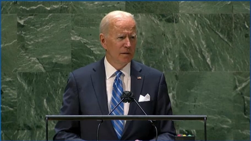 U.S. President Joe Biden is seen delivering remarks at the U.N. General Assembly in New York on Sept. 21, 2021 in this image captured from the website of the White House. (Yonhap)