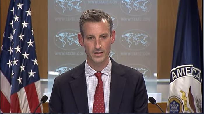 U.S. Department of State spokesperson Ned Price is seen answering a question in a press briefing at the department in Washington on Jan. 25, 2022 in this image captured from the department's website. (PHOTO NOT FOR SALE) (Yonhap)