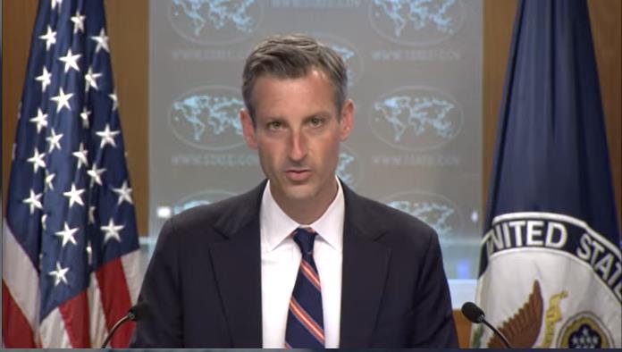 U.S. Department of State Press Secretary Ned Price is seen speaking in a press briefing at the state department in Washington on April 26, 2022 in this image captured from the department's website. (Yonhap)
