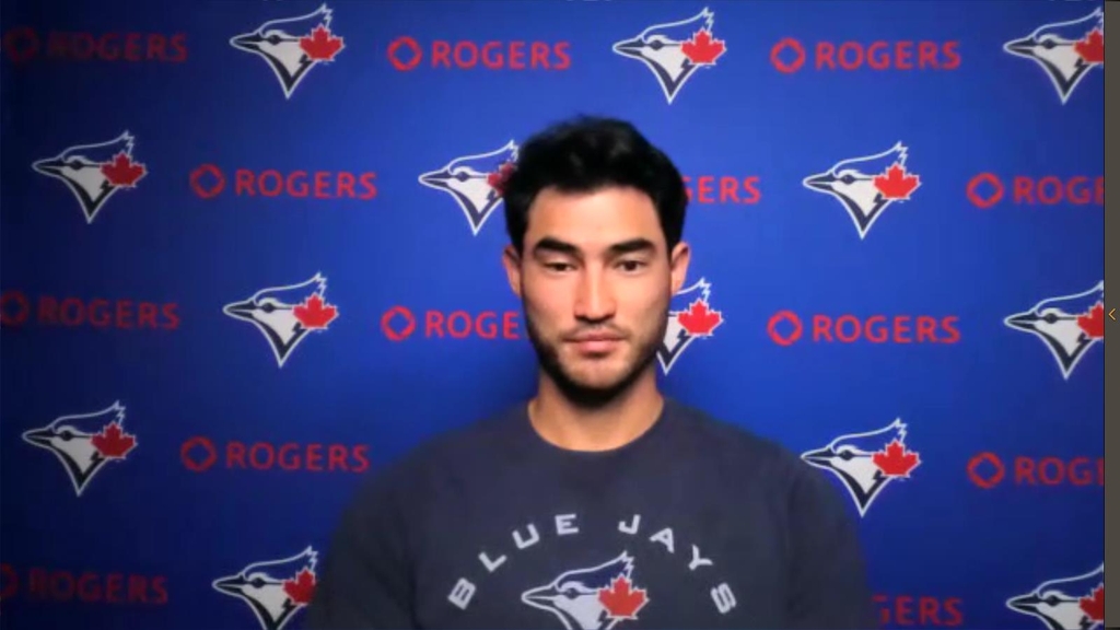 Mitch White of the Toronto Blue Jays speaks to Yonhap News Agency in a Zoom interview from Rogers Centre in Toronto on Sept. 30, 2022. (Yonhap)