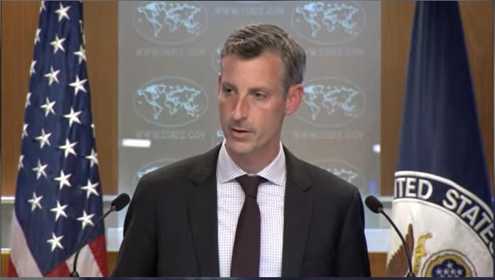 U.S. Department of State spokesperson Ned Price is seen answering questions during a daily press briefing at the department in Washington on Oct. 12, 2022 in this image captured from the department's website. (Yonhap)