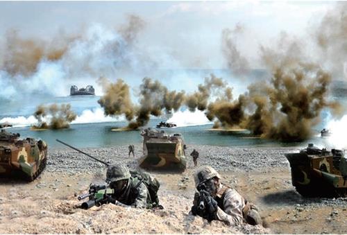 L'exercice d'atterrissage conjoint des corps des Marines sud-coréen et américain qui s'est tenu en avril 2020. (Photo fournie par le ministère de la Défense. Revente et archivage interdits)