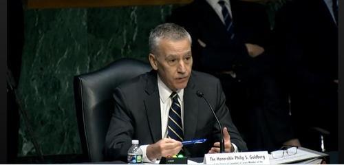 Philip Goldberg, nommé au poste d'ambassadeur américain en Corée du Sud, à son audition de confirmation à Washington le mercredi 6 avril 2022. (Capture d'image du site Internet du comité des affaires étrangères du Sénat. Revente et archivage interdits)