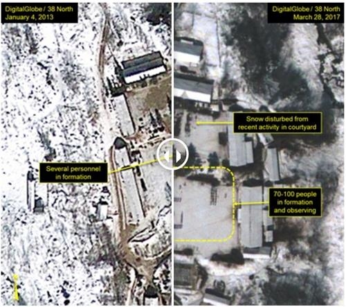 核実験場を写した衛星写真。左は２０１３年１月４日、右は今月２８日の撮影。右の写真の点線で囲んだ部分に数十人の人が見える（３８ノース提供）＝（聯合ニュース）