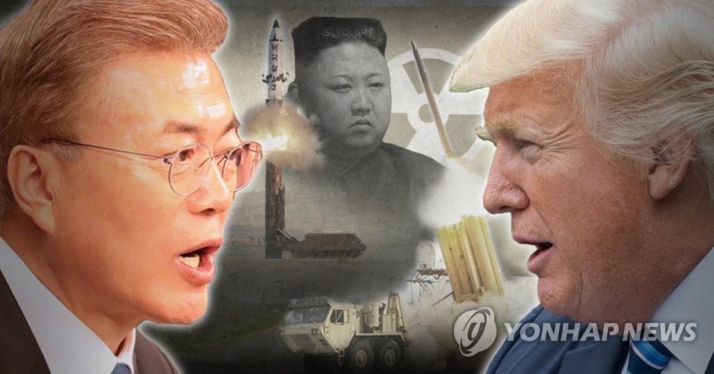 韓米首脳会談での文在寅大統領（左）とトランプ大統領（右）による北朝鮮核問題の協議内容に注目が集まる＝（聯合ニュース）