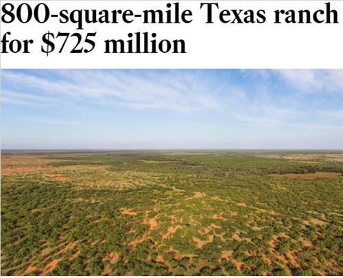 제주도보다 큰 미국 최대 텍사스목장 팔린다…가격표 8천261억원 - 2
