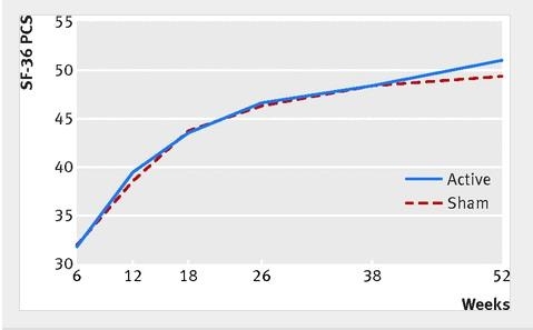 진짜 초음파 기기(파란 실선)와 가짜 기기(붉은 점선)를 각각 사용해 치료한 그룹의 골절 부위 기능 회복 평가 점수(세로축)가 52주까지 시간(가로축)이 지나도록 별 차이가 없음을 보여주는 그래프.[BMJ온라인판에 실린 해당 논문 그램 캡처] 