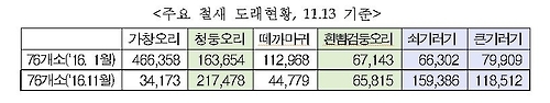 주요 철새 도래 현황, 11.13 기준