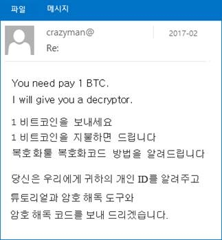 랜섬웨어 공격자가 피해자에게 보낸 이메일 화면 중 일부