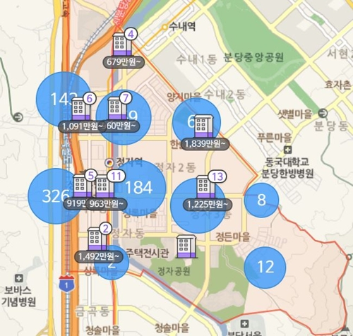 네이버 부동산의 매물 지도 검색 화면