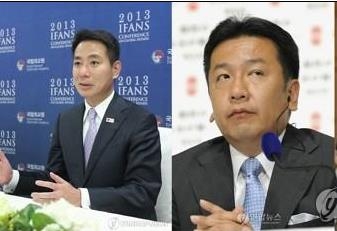 민진당 대표 경선 주자(왼쪽이 마에하라, 오른쪽이 에다노)