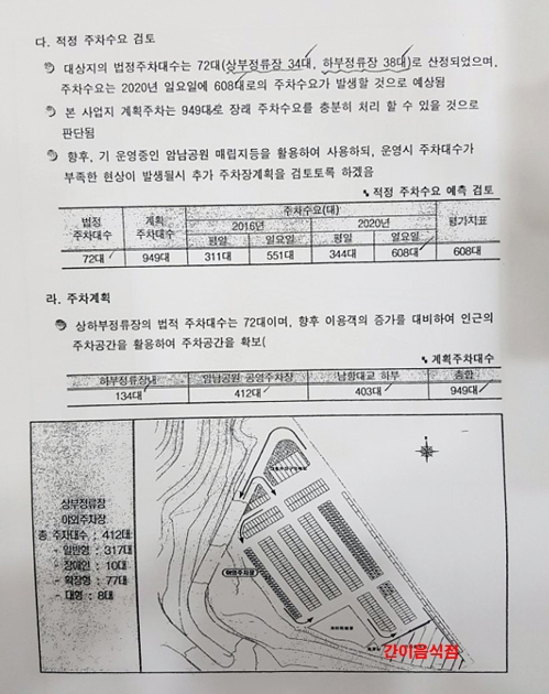 2013년 송도케이블카가 서구청에 제출한 사업제안서 중 암남공원 주차계획도.