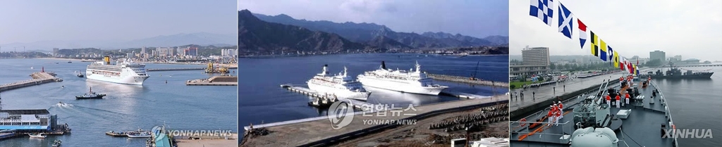 속초항(왼쪽)과 북한 장전항, 원산항 모습 [연합뉴스 자료 사진]