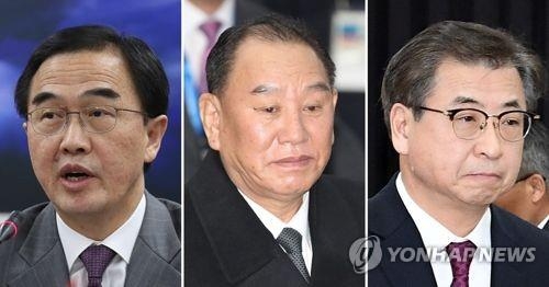 왼쪽부터 조명균 통일장관, 김영철 북한 통일전선부장, 서훈 국가정보원장