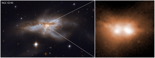합체하는 은하 'NGC6240'와 합체 직전의 블랙홀(오른쪽)