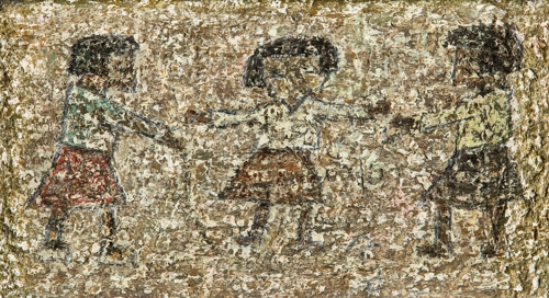 박수근, 줄넘기하는 소녀들, 하드보드에 유채, 9.2×16.5cm, 1964