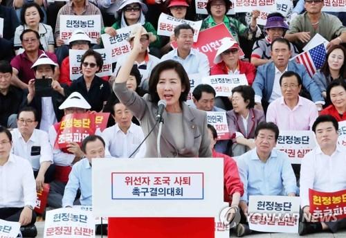 발언하는 자유한국당 나경원 원내대표 (서울=연합뉴스) 이진욱 기자 = 15일 국회 본청 앞 계단에서 열린 자유한국당 '추석 민심 국민보고대회'에서 나경원 원내대표가 발언하고 있다. 2019.9.15 cityboy@yna.co.kr(끝)