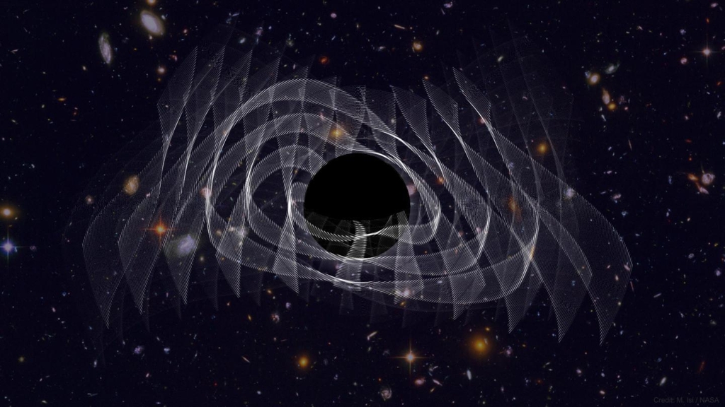 블랙홀이 충돌해 만들어진 초대형 블랙홀이 내는 진동과 중력파 상상도 