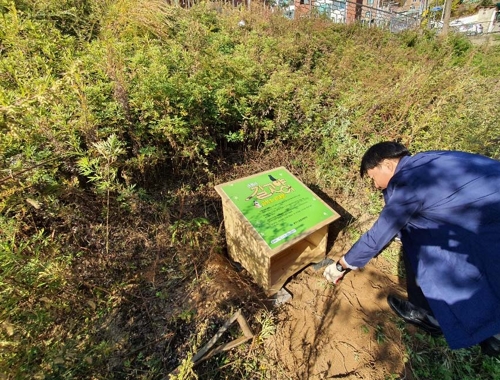 지난 7일 오후 춘천시 공무원의 길고양이 급식소 설치