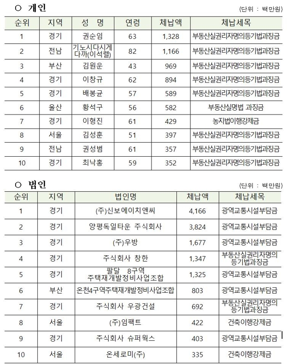 2019 지방세외수입금 고액·상습 체납 개인·법인 1∼10위
