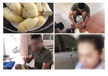 사병들이 두리안을 자르거나 목공 일을 하는 모습이 담긴 사진