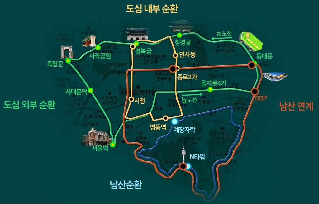 서울도심 녹색순환버스 4개 노선도
