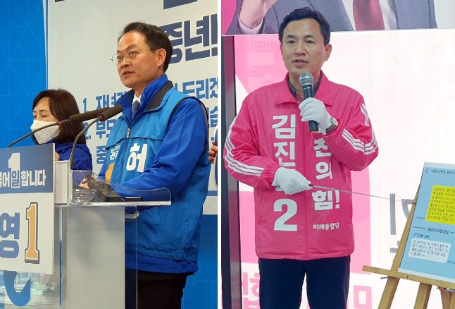 10일 허영 후보(왼쪽)의 공약 기자회견과 김진태 후보의 선거방해 주장 기자회견