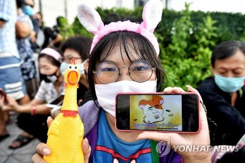 일본 애니메이션 캐릭터 햄타로를 차용해 쁘라윳 총리를 비판한 반정부 집회 참석자