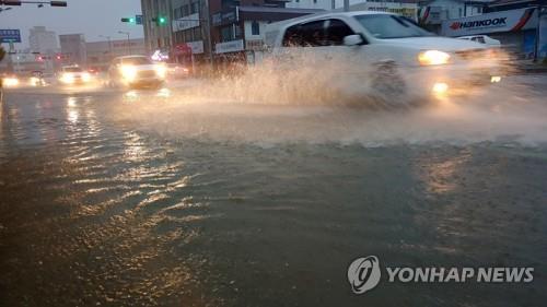 지난해 10월 3일 제18호 태풍 '미탁'의 영향으로 강릉시 포남동 일대 도로가 물에 잠겨 차들이 서행하고 있다. [연합뉴스 자료사진]