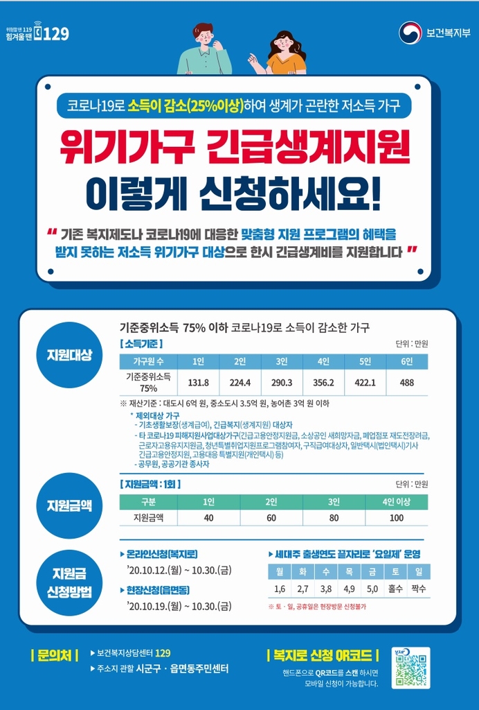 위기가구 긴급생계지원 신청 안내