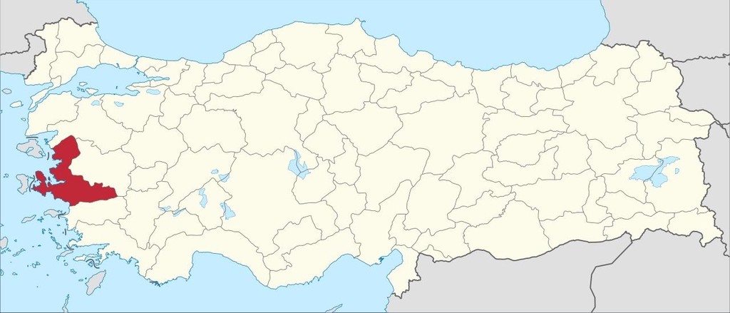 지진 발생 인근의 터키 이즈미르주(붉은색) [위키피디아 자료 지도]