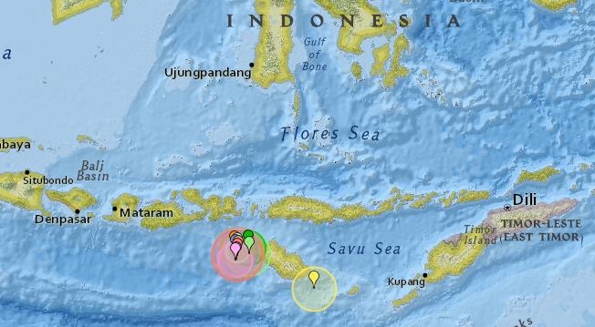 8월부터 인도네시아 숨바섬에 발생한 지진 표시