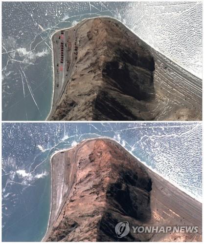 미국 우주기술업체 맥사 테크놀로지가 인도-중국 국경분쟁지 판공호 인근 중국군 점유 지역을 촬영한 위성 이미지. 위·아래 사진은 각각 1월 30일, 2월 16일 촬영됐다. [로이터=연합뉴스]