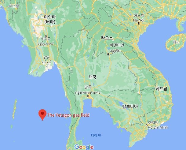 미얀마 영해의 예타곤 천연가스전 위치(빨간색)