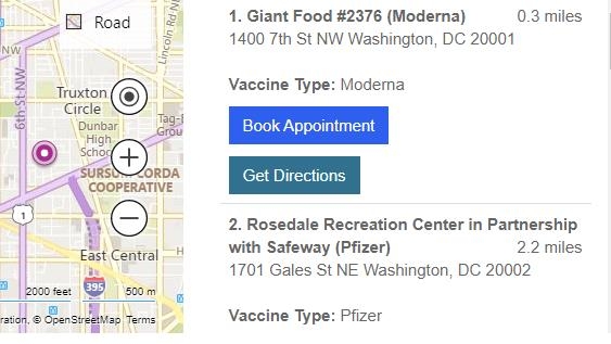 워싱턴DC의 백신 예약 사이트 