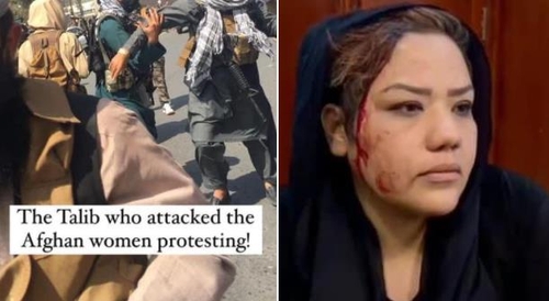 "여성 시위대에 폭력 행사하는 탈레반과 피 흘리는 여성"