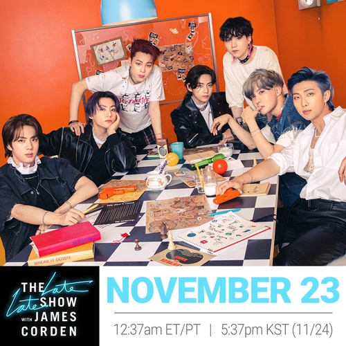 La imagen, proporcionada por la emisora estadounidense CBS, muestra al grupo masculino de K-pop BTS, que aparecerá, el 23 de noviembre de 2021 (hora local), en el programa "The Late Late Show with James Corden". (Prohibida su reventa y archivo)