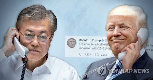 트럼프, 문재인 대통령과 통화 "유엔 대북결의 기쁘다"(PG)